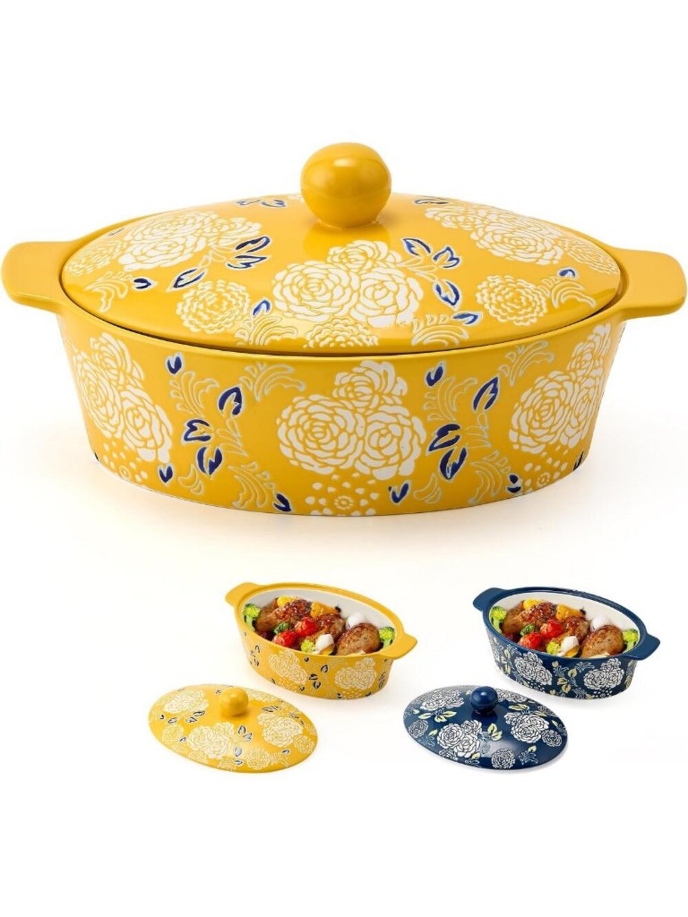 Yellow Ceramic Casserole Dish with Lid - Oval Baking Pan for Lasagna & Bread
